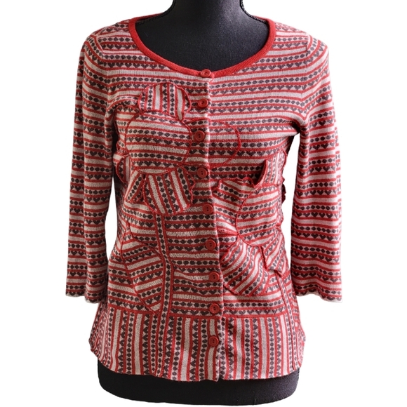 ANTHROPOLOGIE MOTH SZ  Small Lovelorn Cardigan Floral Appliques Red Gray - Picture 1 of 9